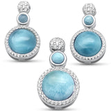Sterling Silver Round Natural Larimar And CZ Earring And Pendant Set