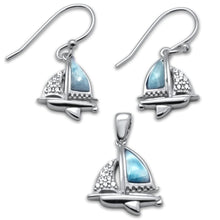 Load image into Gallery viewer, Sterling Silver Natural Larimar And CZ Boat Earring And Pendant Set