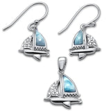 Sterling Silver Natural Larimar And CZ Boat Earring And Pendant Set
