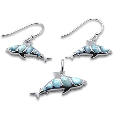 Sterling Silver Natural Larimar Shark Earring And Pendant Set