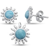 Sterling Silver Round Natural Larimar Sunflower Earring And Pendant Set