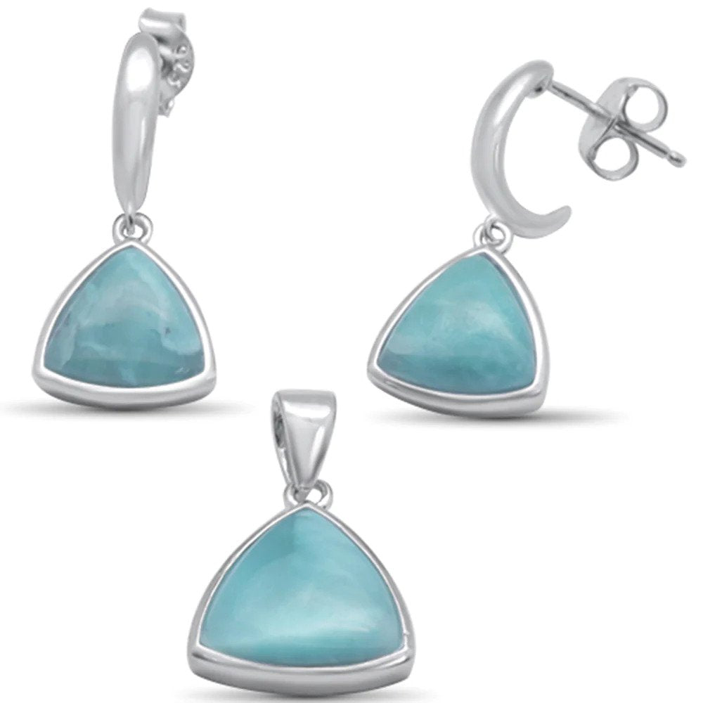Sterling Silver Trillion Shaped Natural Larimar Earring And Pendant Set
