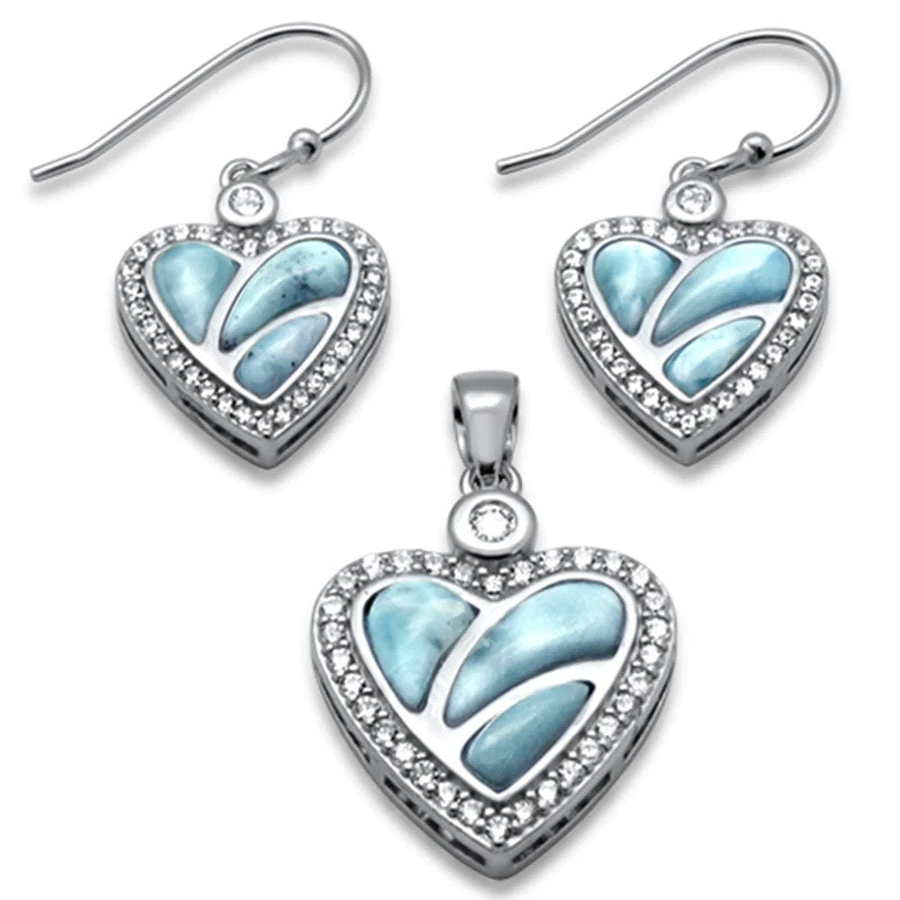 Sterling Silver Natural Larimar And CZ Heart Earring And Pendant Set