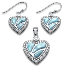 Load image into Gallery viewer, Sterling Silver Natural Larimar And CZ Heart Earring And Pendant Set