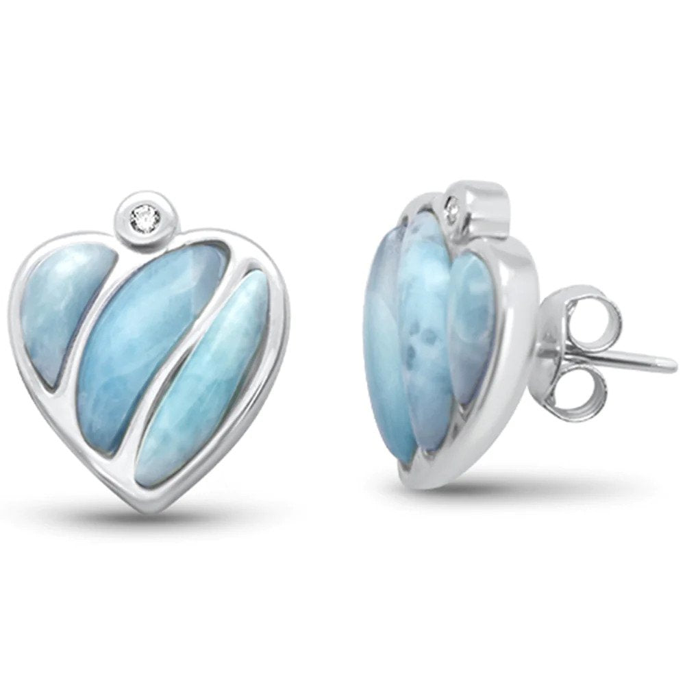 Sterling Silver Natural Larimar And CZ Heart Earrings