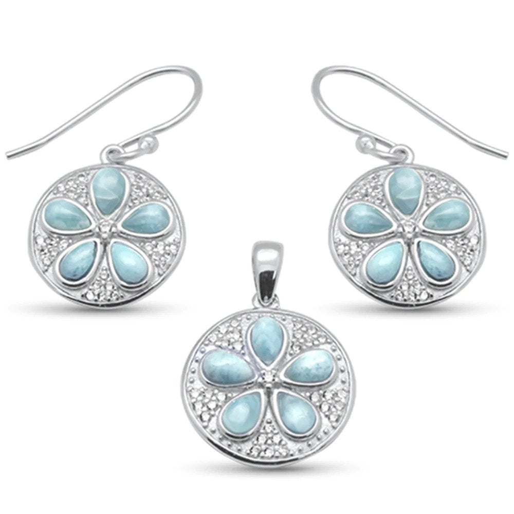 Sterling Silver Sand Dollar Coin And Plumeria Natural Larimar Earring And Pendant Set