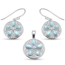 Load image into Gallery viewer, Sterling Silver Sand Dollar Coin And Plumeria Natural Larimar Earring And Pendant Set