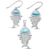 Sterling Silver Natural Larimar And CZ FIshbone Earring And Pendant Set