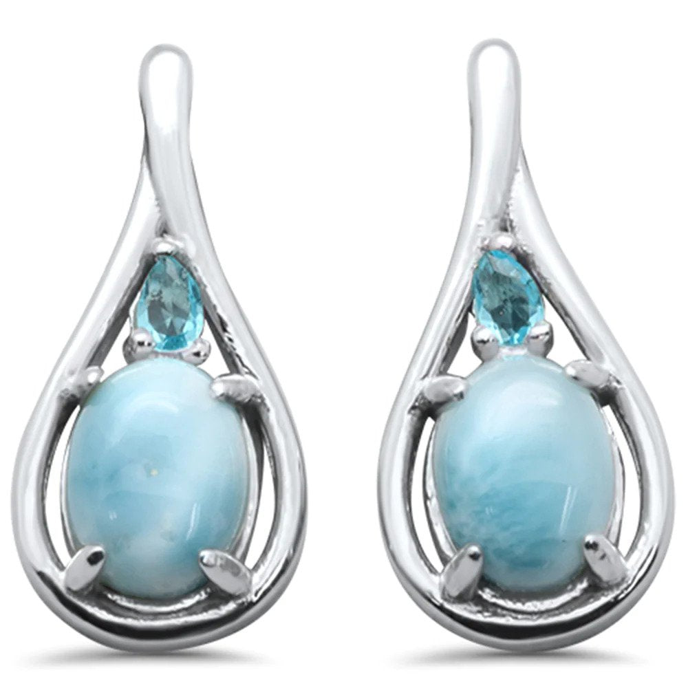 Sterling Silver Oval Natural Larimar And Aqua Earrings