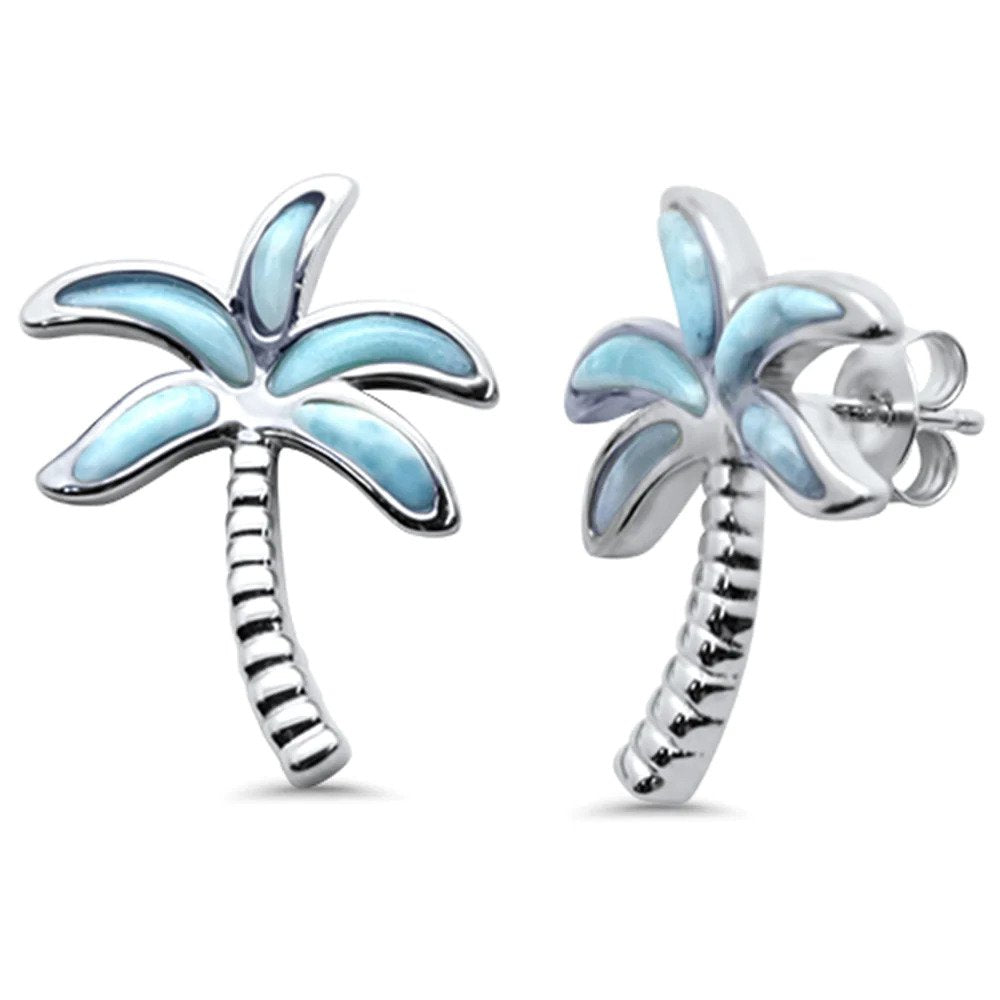 Sterling Silver Palm Tree Natural Larimar Earrings