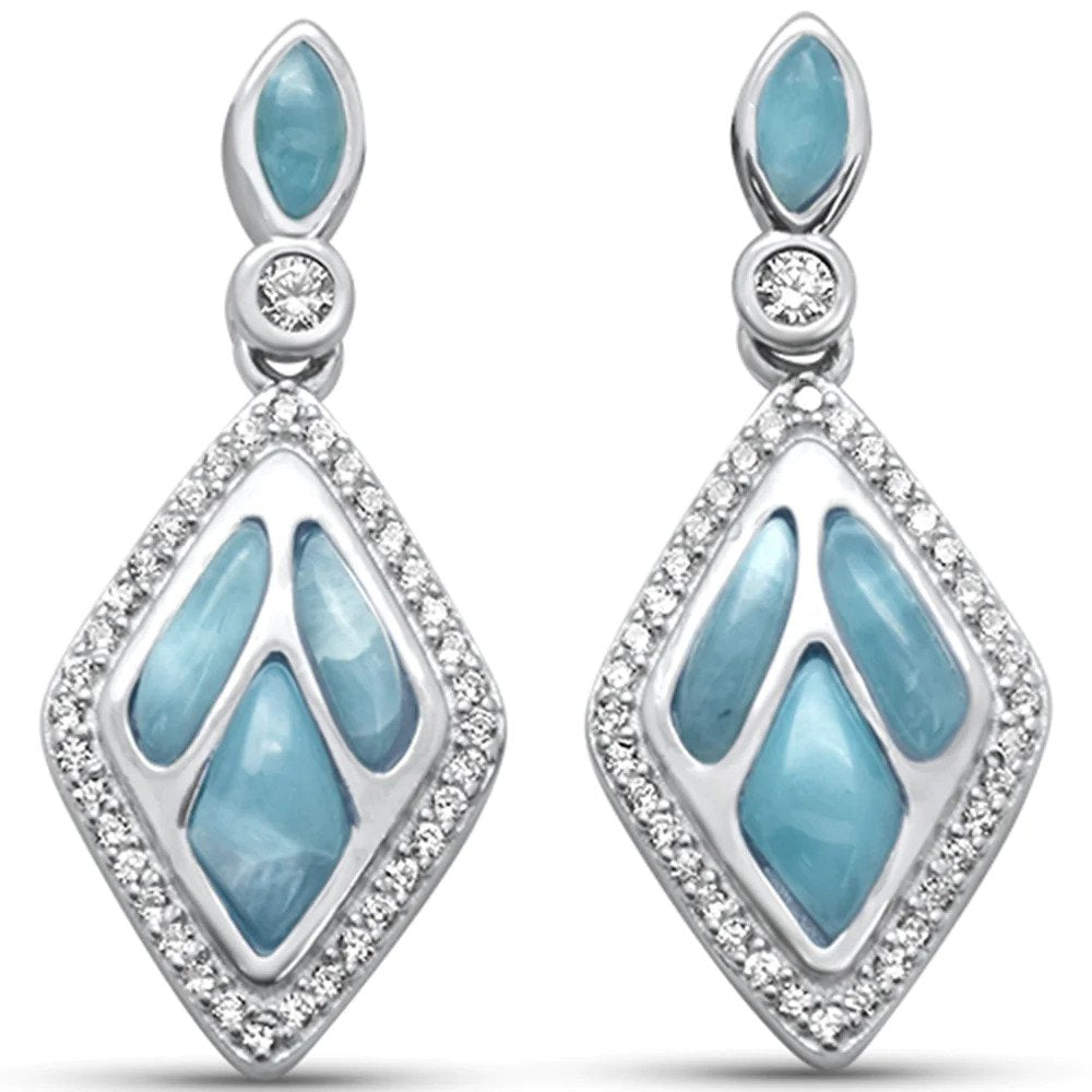 Sterling Silver Natural Larimar And CZ Earrings