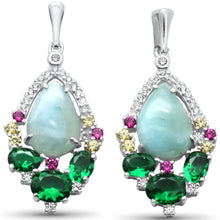 Load image into Gallery viewer, Sterling Silver Pear Shaped Natural Larimar Multi Color And White CZ Earrings