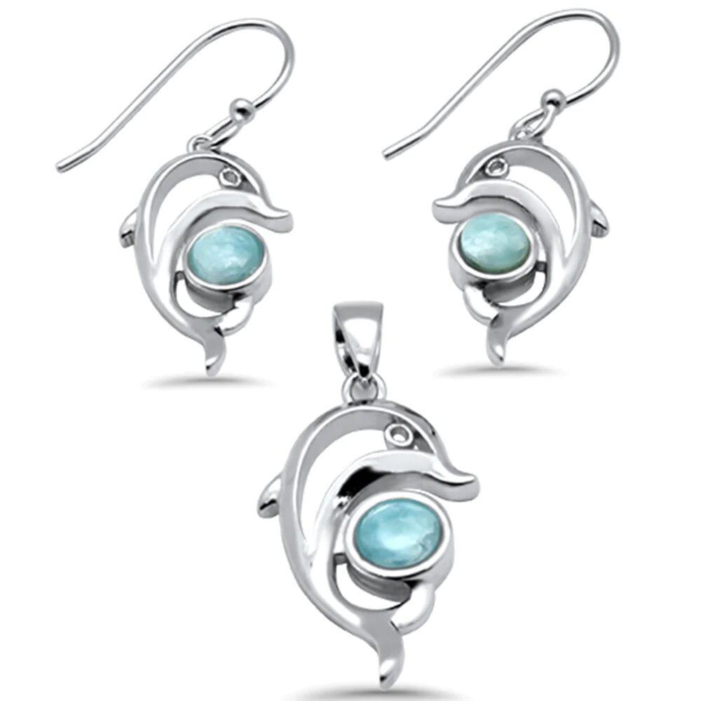 Sterling Silver Round Natural Larimar Dolphin Pendant and Earring Set