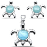 Sterling Silver Oval Natural Larimar Turtle Pendant and Earring Set