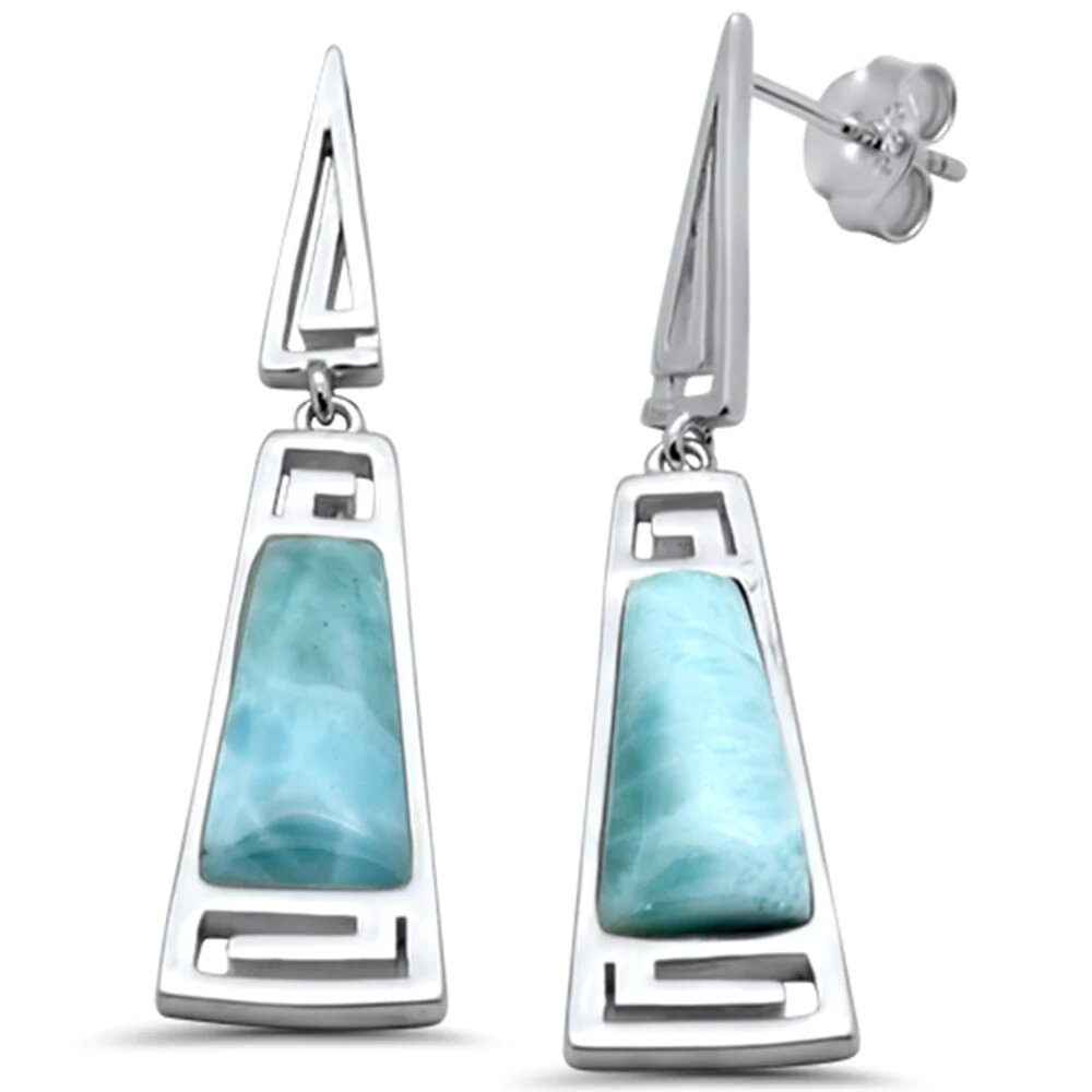 Sterling Silver Natural Larimar Greek Design Dangling Earrings