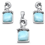 Sterling Silver Radiant Cut Natural Larimar Dolphin Pendant and Earring Set