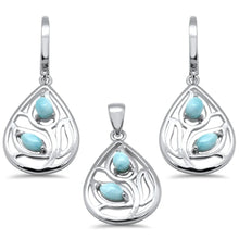 Load image into Gallery viewer, Sterling Silver Pear Shape Natural Larimar Leaf Design Pendant and Earring Set