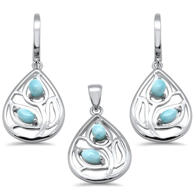 Sterling Silver Pear Shape Natural Larimar Leaf Design Pendant and Earring Set