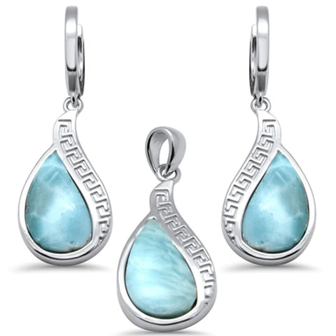 Sterling Silver Teardrop Natural Larimar Greek Design Pendant and Earring Set