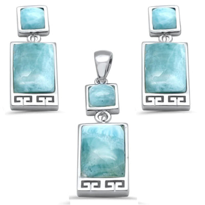 Sterling Silver Square and Rectangle Natural Larimar Greek Design Pendant and Earring Set