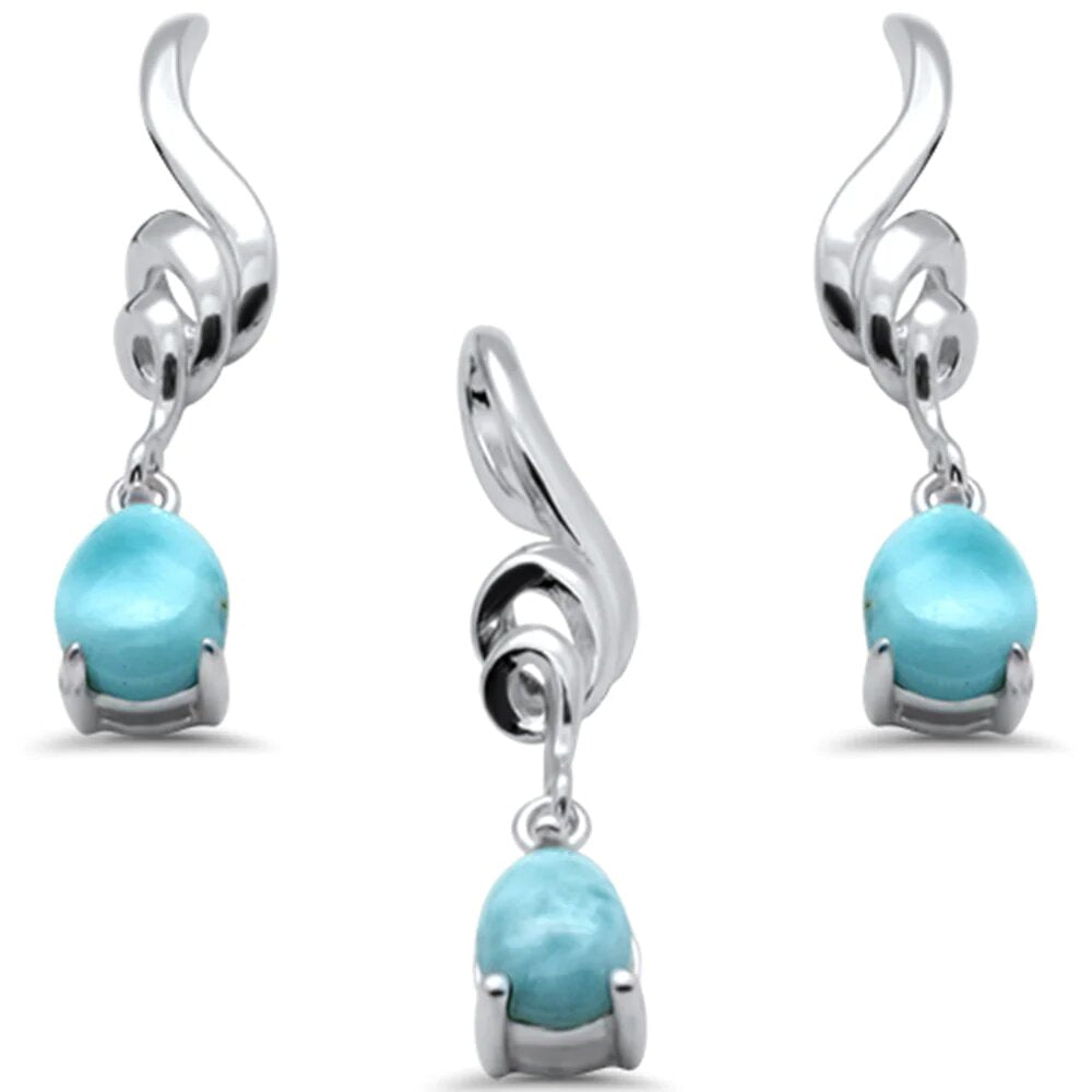 Sterling Silver Pear Shape Natural Larimar Dangling Swirly Design Pendant and Earring Set