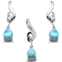 Load image into Gallery viewer, Sterling Silver Pear Shape Natural Larimar Dangling Swirly Design Pendant and Earring Set