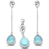 Sterling Silver Pear Shape Natural Larimar Dangling Drop Pendant and Earring Set