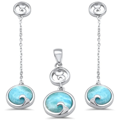 Sterling Silver Natural Larimar Wave Dangling Pendant and Earring Set