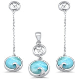 Sterling Silver Natural Larimar Wave Dangling Pendant and Earring Set