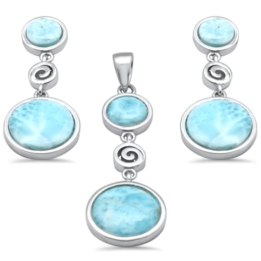 Sterling Silver Round Natural Larimar and Swirl Dangling Pendant and Earring Set