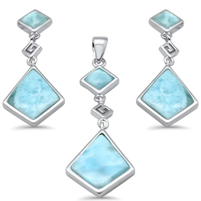 Sterling Silver Natural Larimar Greek Design Pendant and Earring Set