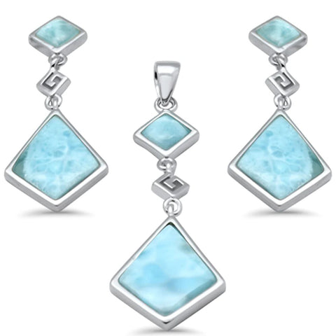 Sterling Silver Natural Larimar Greek Design Pendant and Earring Set