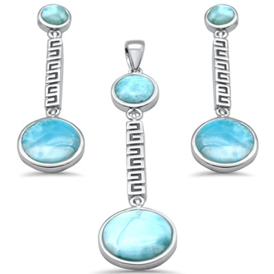 Sterling Silver Round Shape Natural Larimar Greek Design Pendant and Earring Set