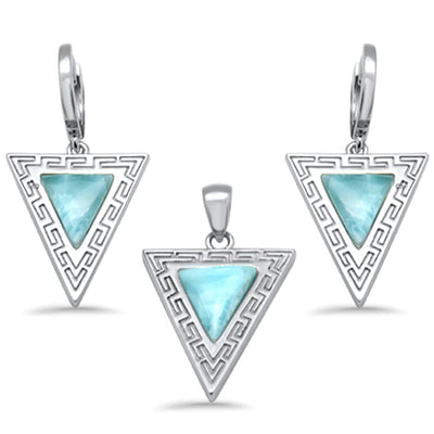 Sterling Silver Triangle Shape Natural Larimar Greek Design Pendant and Earring Set