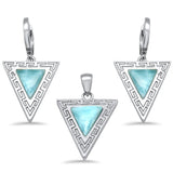 Sterling Silver Triangle Shape Natural Larimar Greek Design Pendant and Earring Set