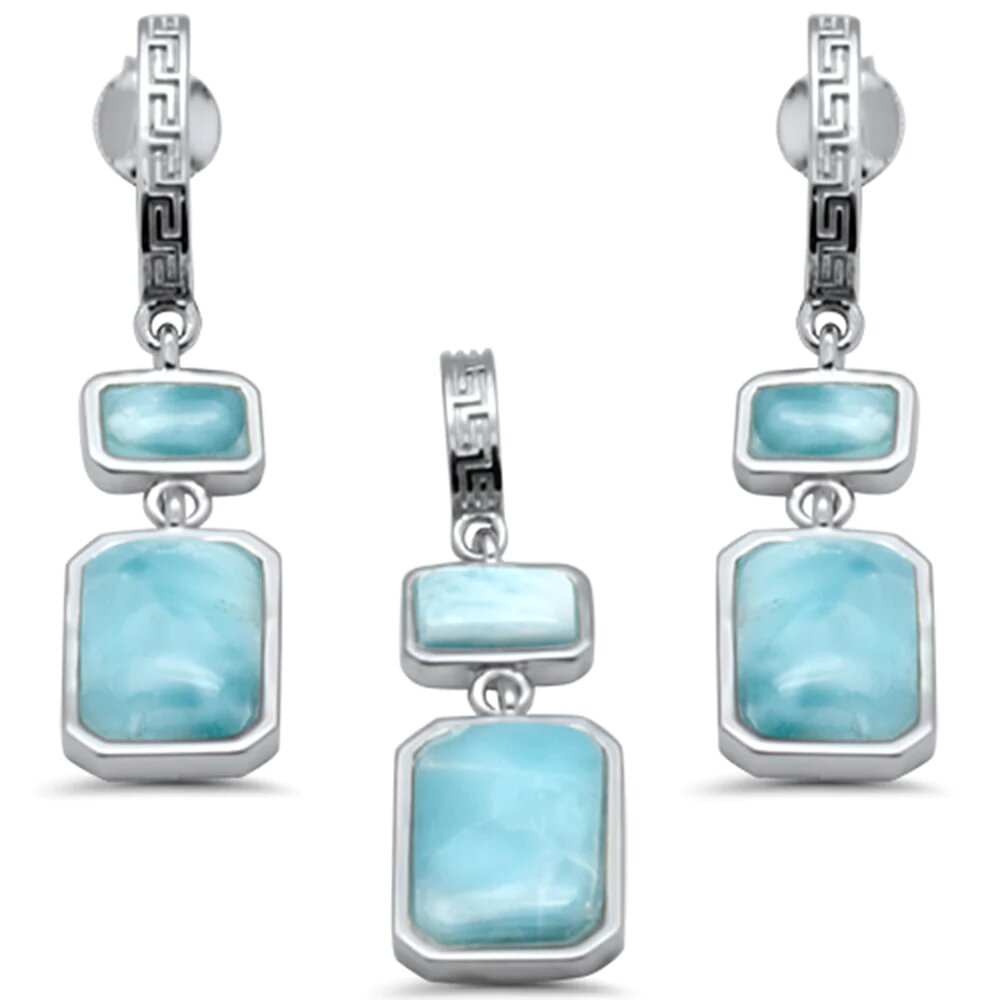 Sterling Silver Rectangle Shape Natural Larimar Dangling Pendant and Earring Set