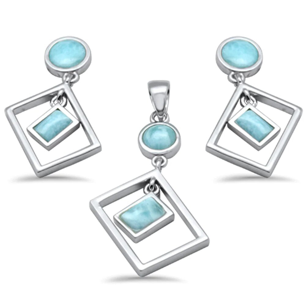 Sterling Silver Round and Rectangle Natural Larimar Dangling Pendant and Earring Set