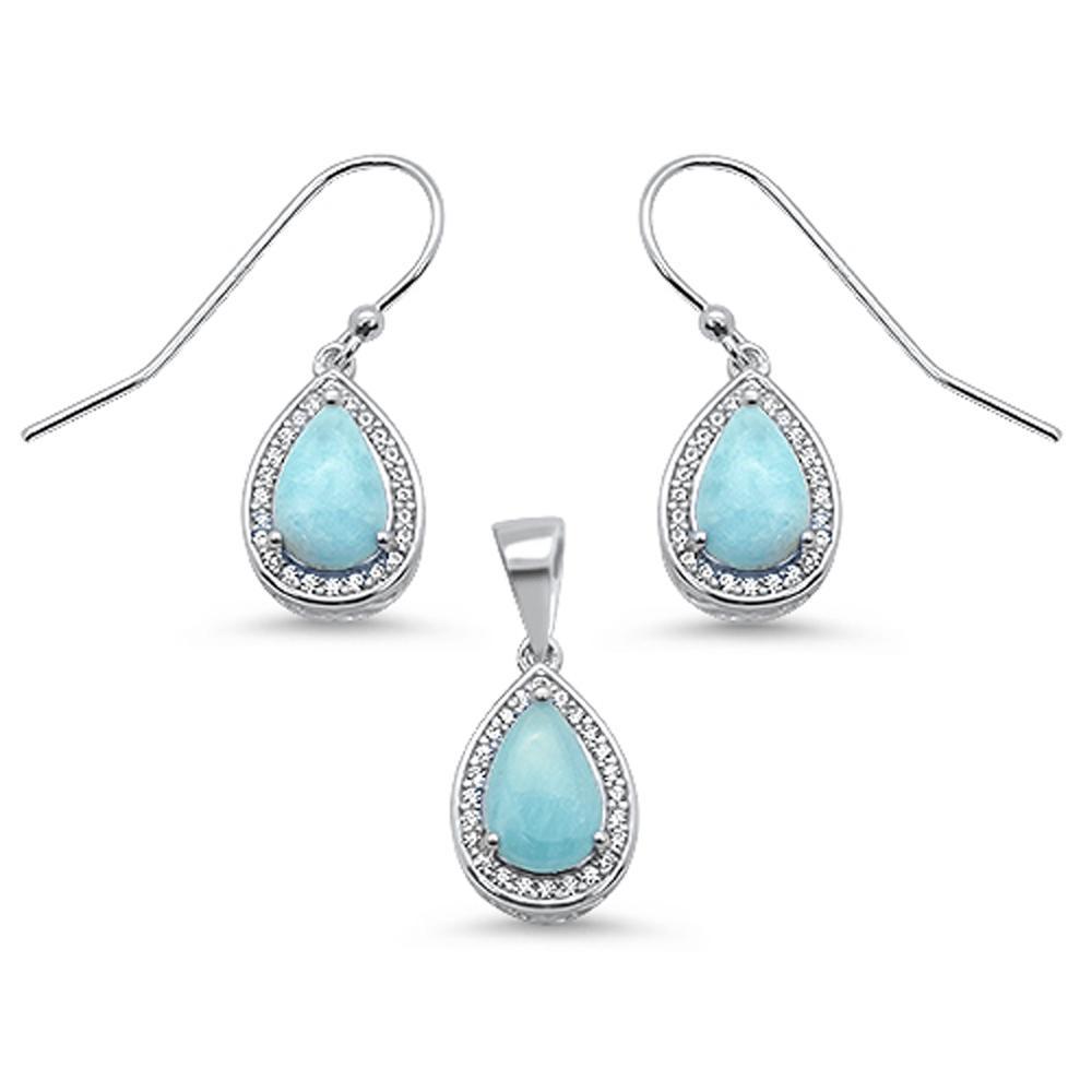 Sterling Silver Pear Shape Natural Larimar and Cz Earring and Pendant Set