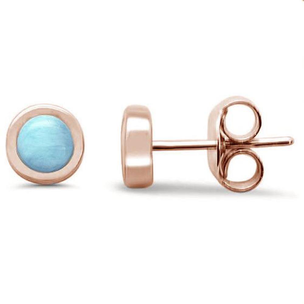 Sterling Silver Rose Gold Plated Round Natural Larimar Stud Earrings - silverdepot