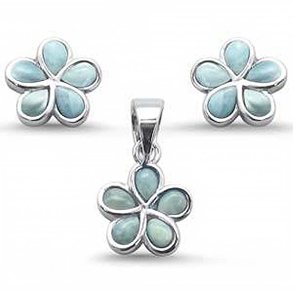 Sterling Silver Plumeria Flower Natural Larimar Earring And Pendant Set