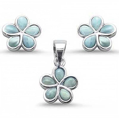 Sterling Silver Plumeria Flower Natural Larimar Earring And Pendant Set