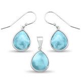 Sterling Silver Natural Larimar Pear Shape Dangle Earring and Pendant Set