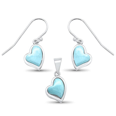 Sterling Silver Natural Larimar Heart Shape Dangle Earring and Pendant Set