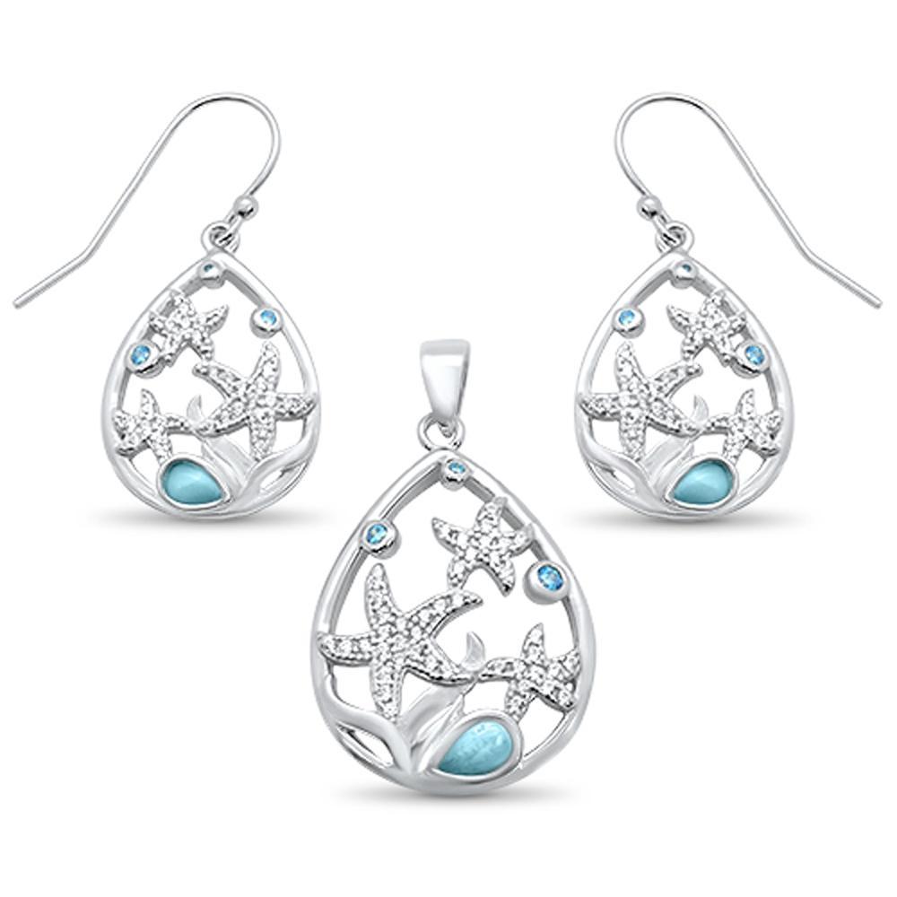 Sterling Silver Natural Larimar and Aquamarine Star Cz Drop Pendant and Earring Set