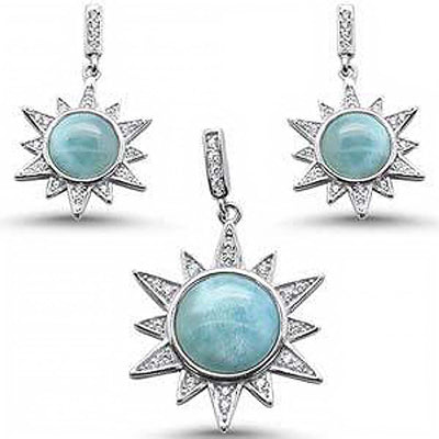 Sterling Silver Elegant Starburst Natural Larimar Earring And Pendant Set