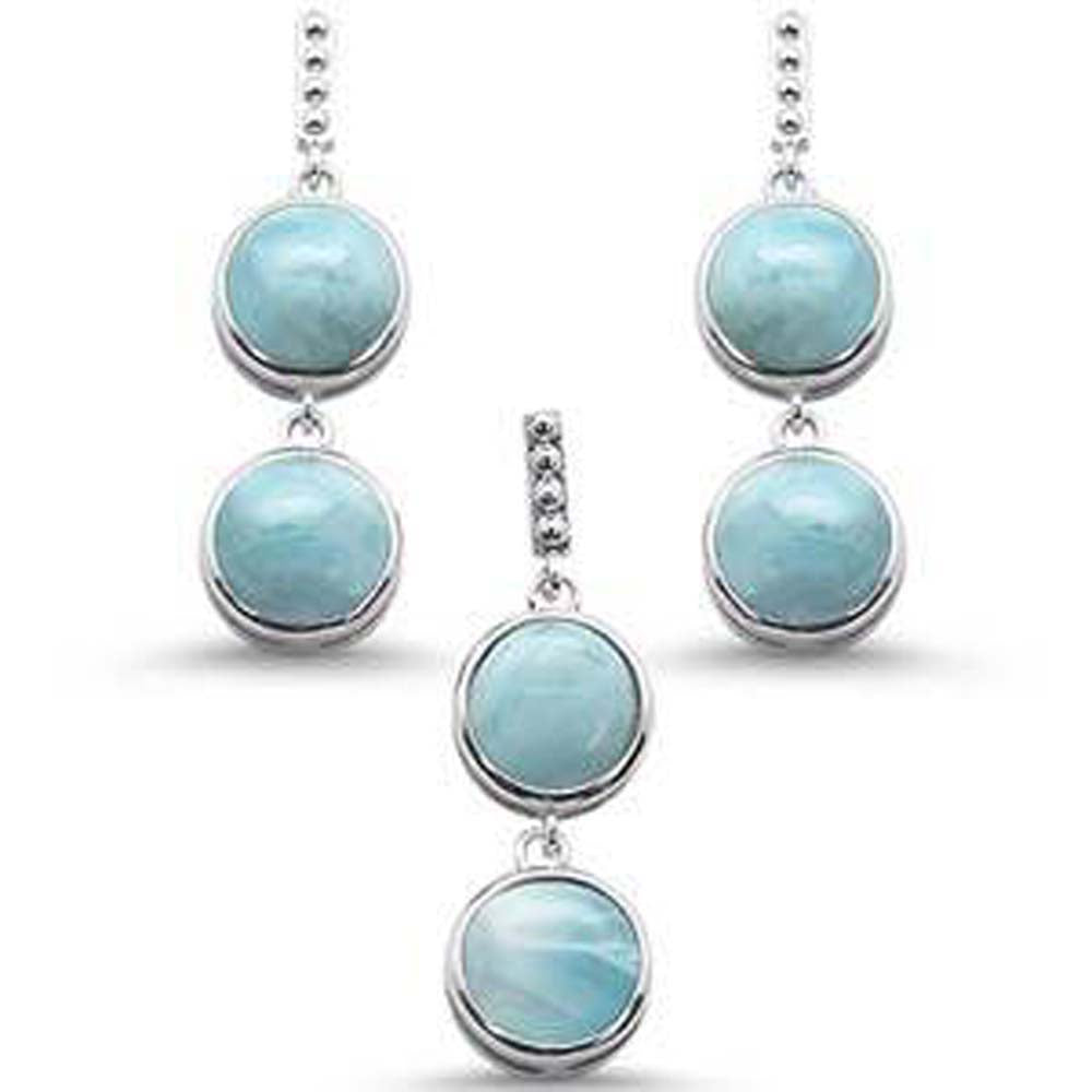 Sterling Silver Round Larimar Drop Dangle Earring And Pendant Set