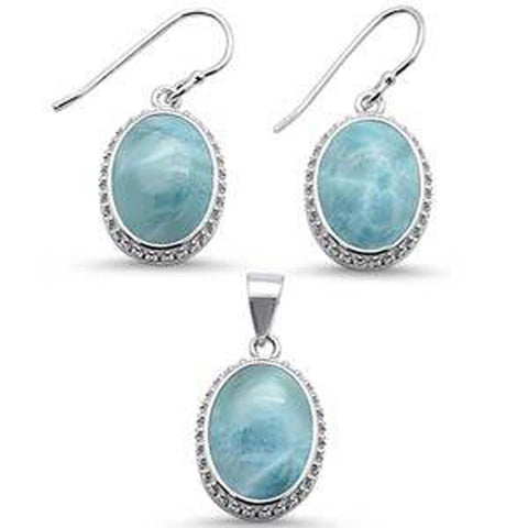 Sterling Silver Oval Elegant Natural Larimar Earring And Pendant Set