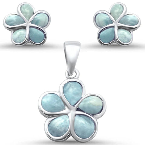 Sterling Silver Plumeria Flower Natural Larimar Earring And Pendant Set