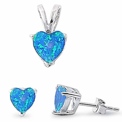 Sterling Silver Blue Fire Opal Heart Earrings And Pendant SetAnd Pendant Stone Width 7x7mmAnd Earrings Stone Thickness 6x6mm