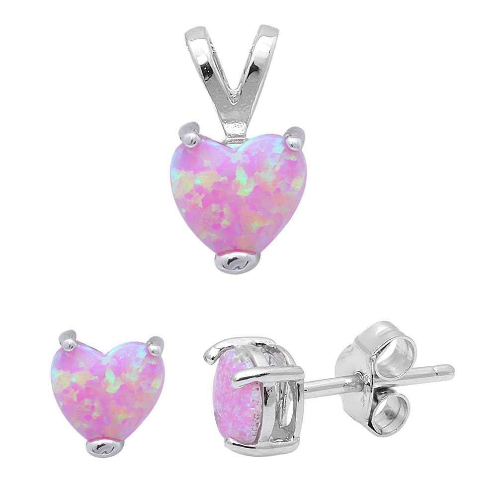 Sterling Silver Pink Fire Opal Heart Earrings And Pendant SetAnd Pendant Stone Width 7x7mmAnd Earrings Stone Thickness 6x6mm